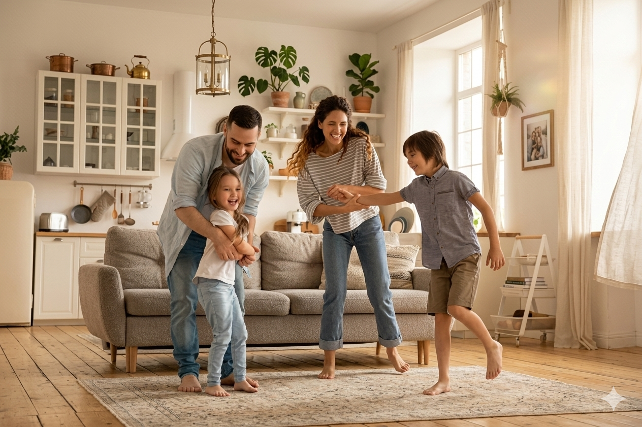 Familie im Wohnzimmer
