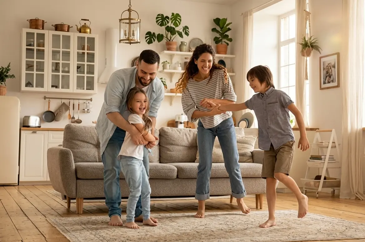 Familie im Wohnzimmer