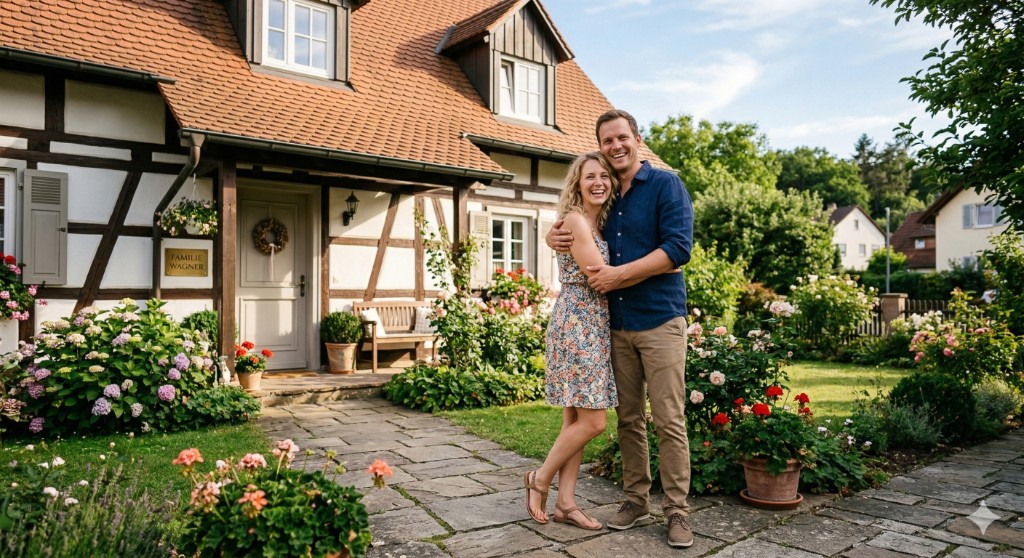 Glückliches Paar vor ihrem Haus