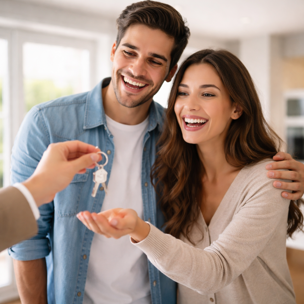 Glückliches Paar bekommt Schlüssel für neues Zuhause