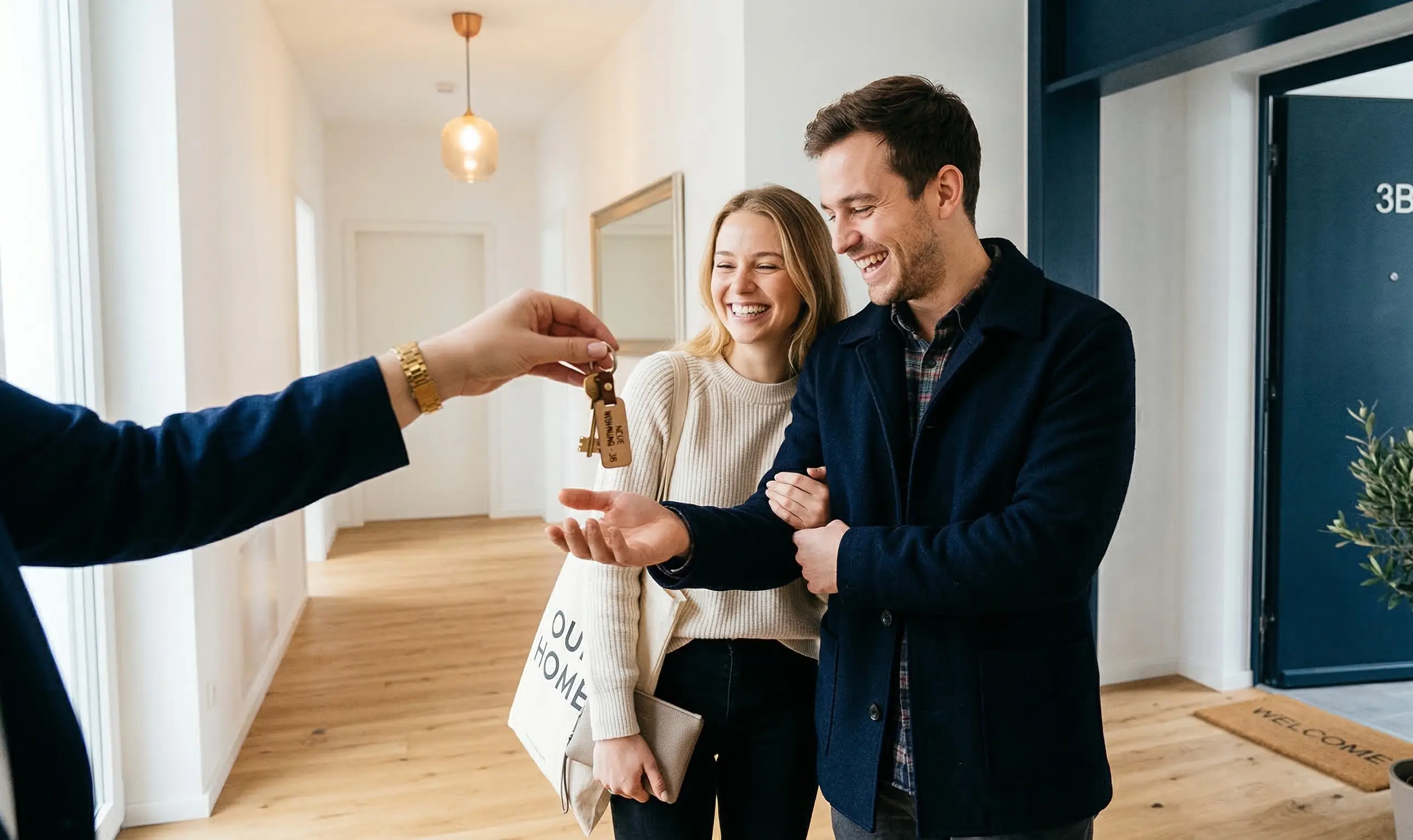 Glückliches Paar bekommt Schlüssel für neues Zuhause